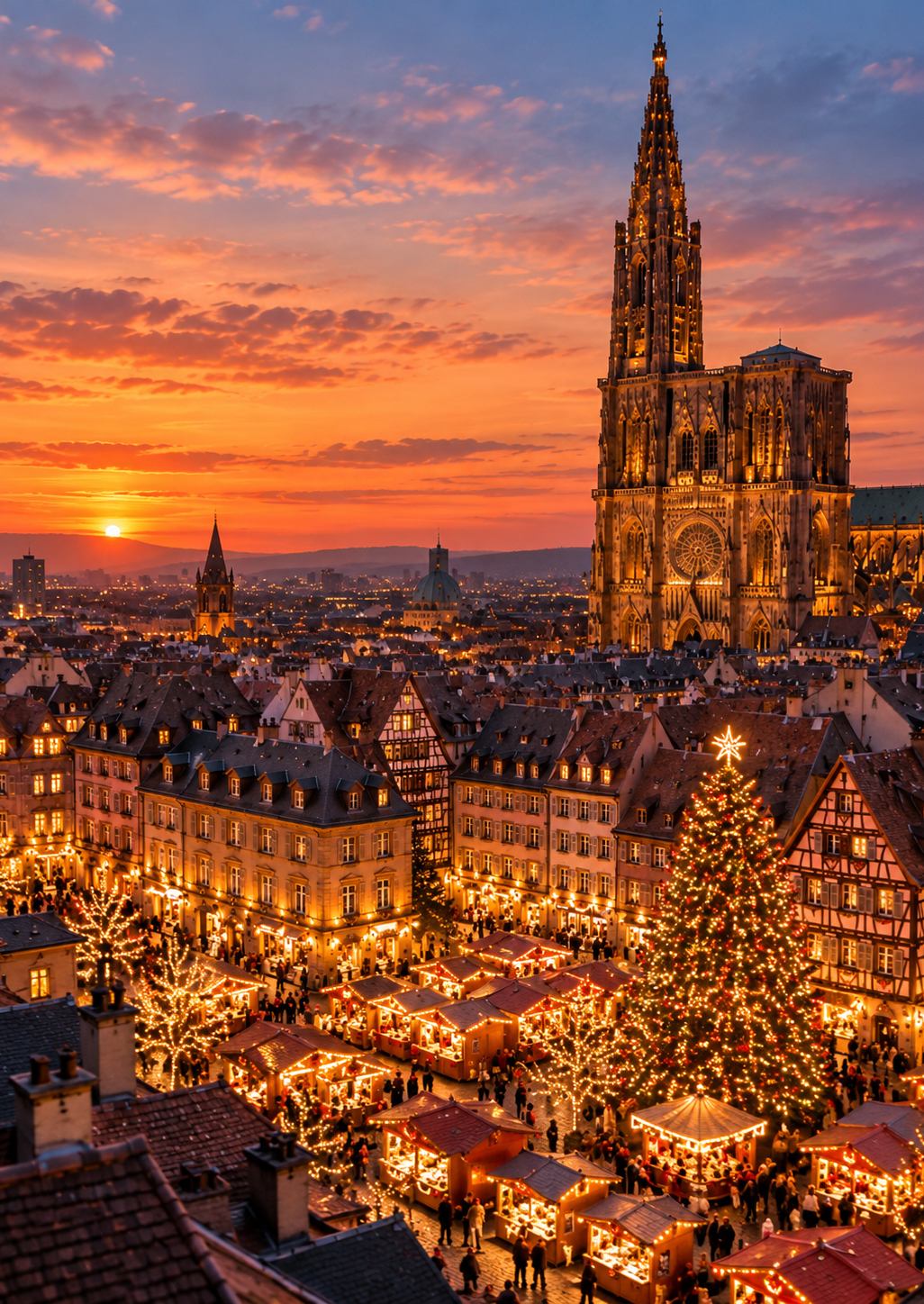 Straßburger Münster und Weihnachtsmarkt im Abendlicht