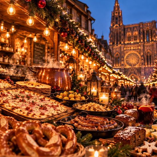 Weihnachtsmarkt Straßburg mit Flammkuchen und Brezeln