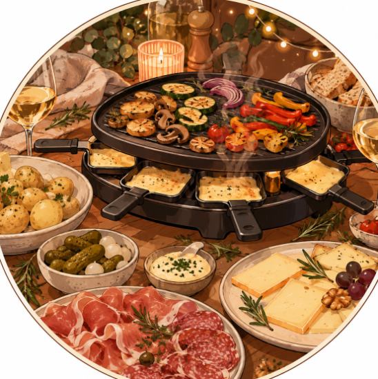 Raclette-Grill mit Käse und Gemüse